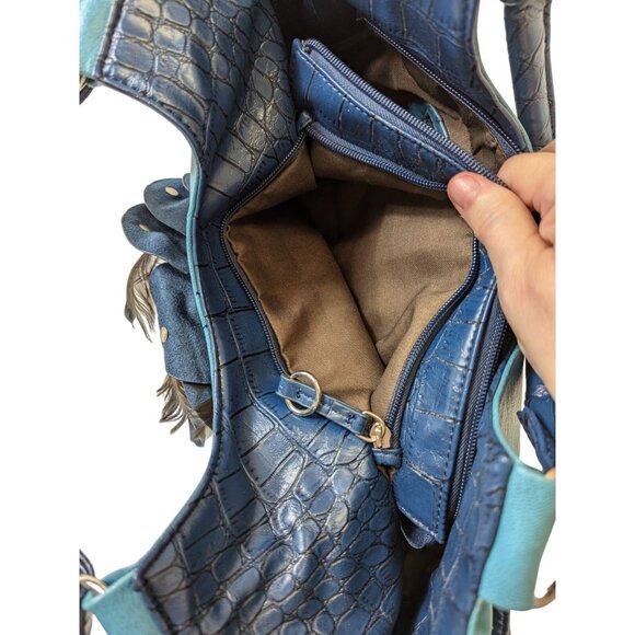 GG..ing Blue Flower with Feathers Crossbody Shoulder Bag Adjustable Faux Leather - Picture 10 of 16